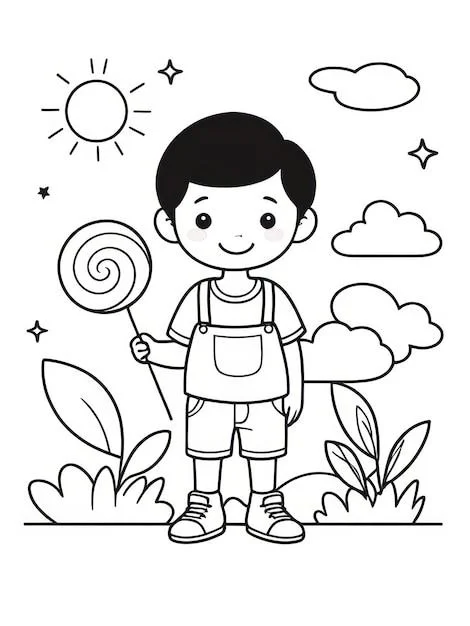 tranh tô màu cute cậu bé cầm kẹo mút