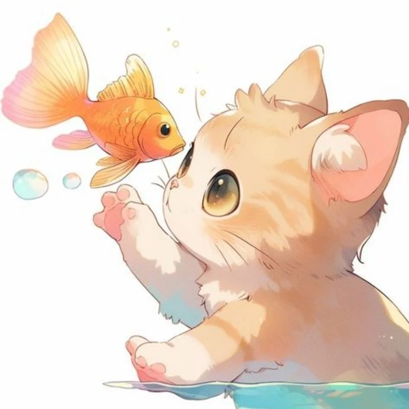 Avatar ảnh mèo cute đang chơi đùa với cá vàng theo phong cách hoạt hình dễ thương