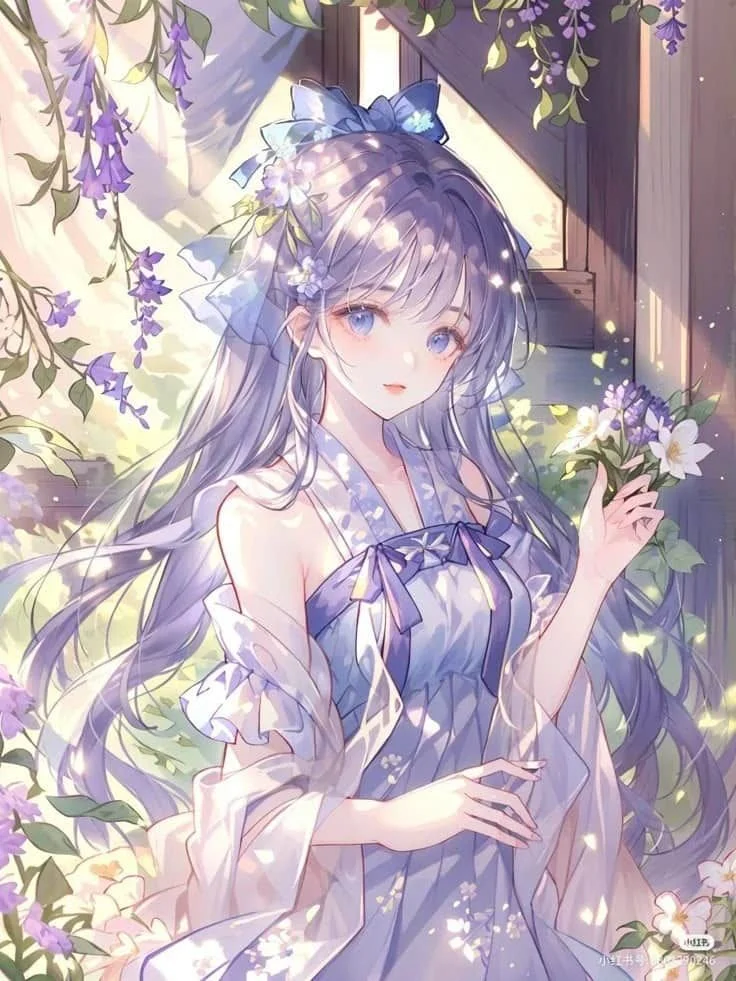 Hình nền máy tính 4k anime cô gái trong vườn hoa tím