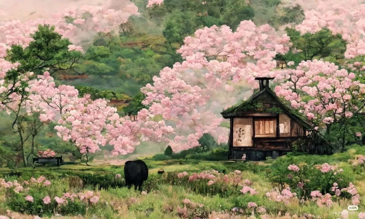 Hình nền máy tính 4k anime ngôi nhà gỗ dưới tán hoa anh đào