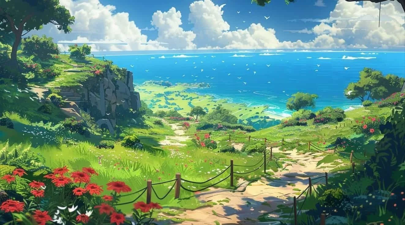 Hình nền máy tính 4k anime phong cảnh biển xanh trong vắt